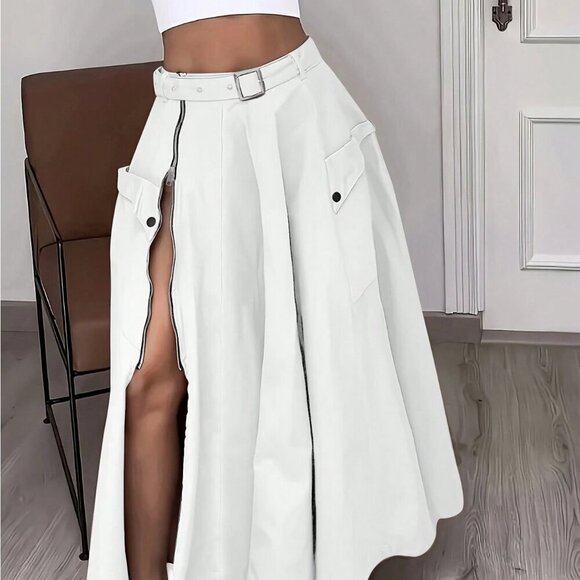 Dresses & Skirts - White Casual Women's Zipper Pocket A-Line Mini Skirt